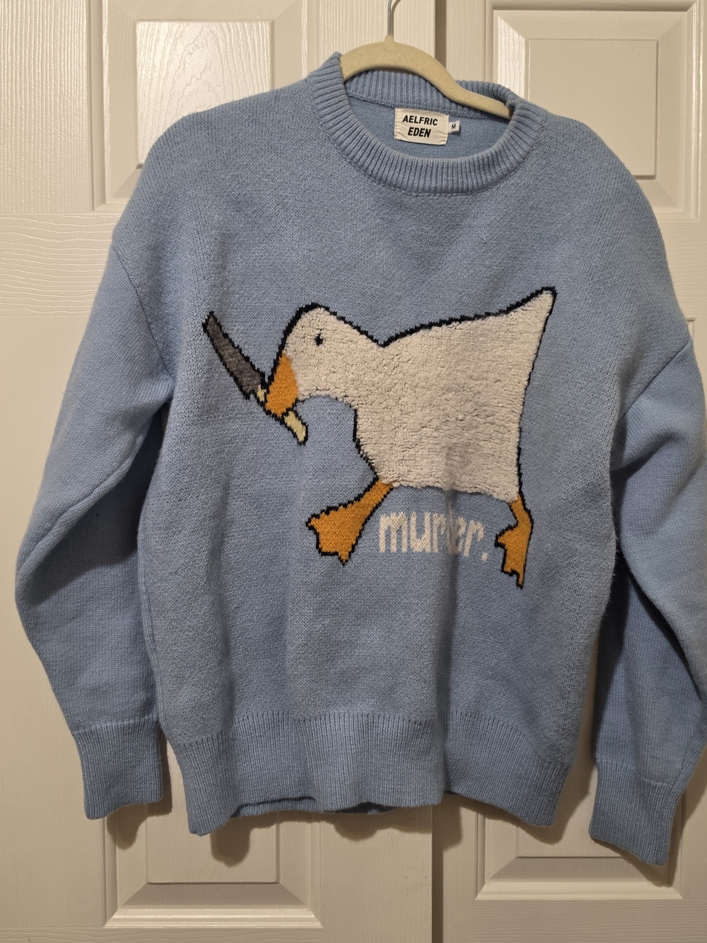 Aelfric Eden Sweater Mens M Blue Goose Knife Murder Funny Knit Pullover
